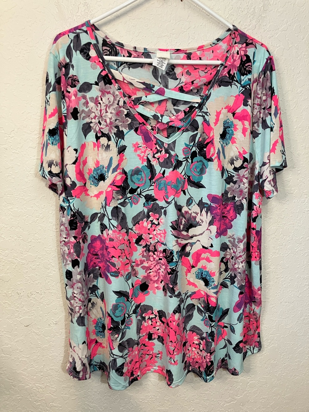 Sew In Love Floral Crisscross V-Neck Top - Pink & Aqua